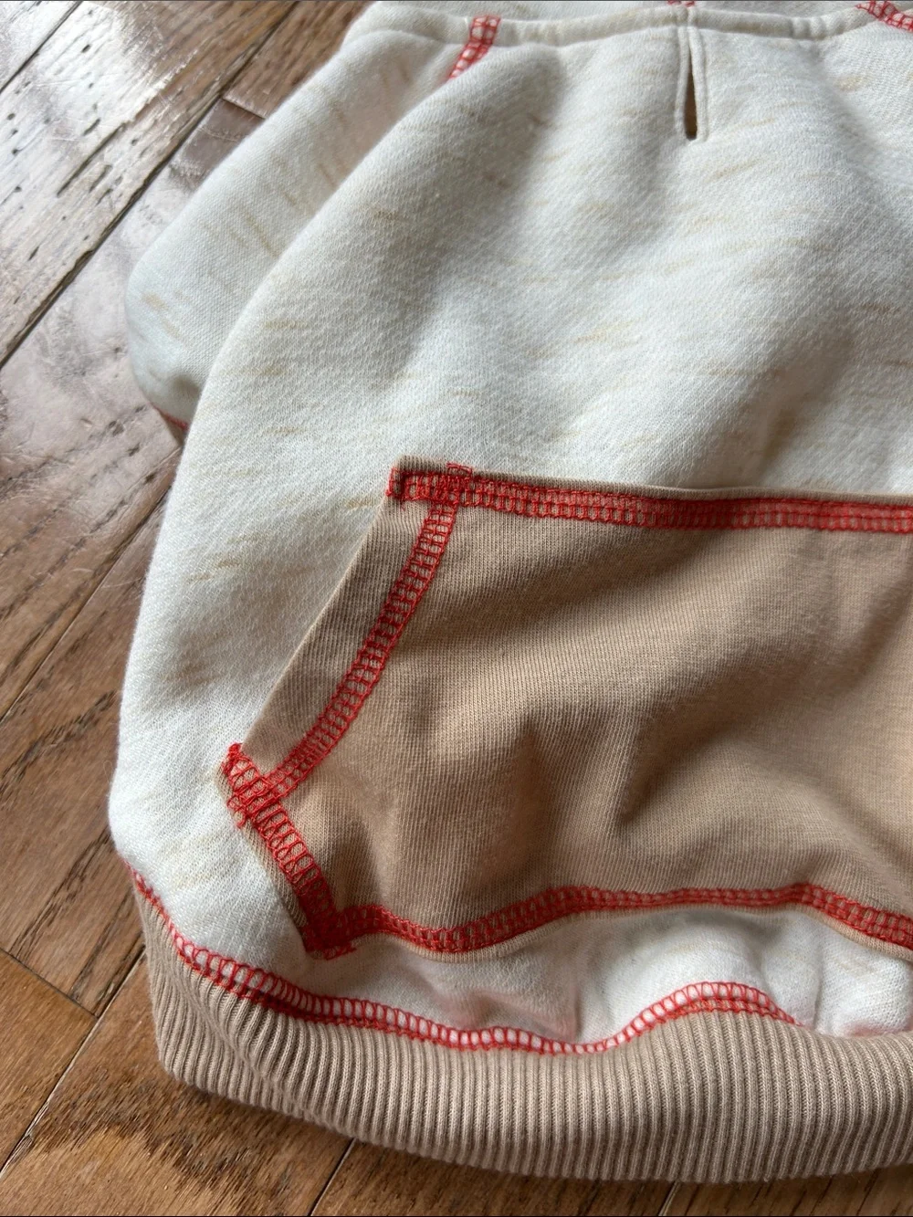 Dog Cream Hoodie with Tan Pocket and Coral Stitching